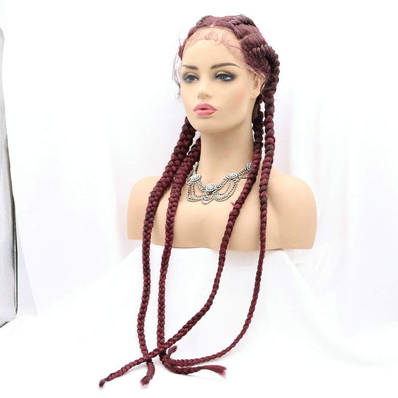 RainaHair 4 Twist Hand Braided Lace Front Wigs 32 Inches 1B# Black Mixed 27# Wig with Baby Hair 100% Hand-Braided Brown for Women (32 Inch) (Red) - Image 3